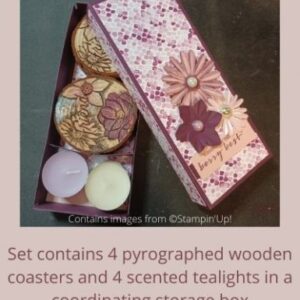 Tealight and coaster set in purple, pink and white contains 4 pyrographed wooden coasters and 4 scented tealights